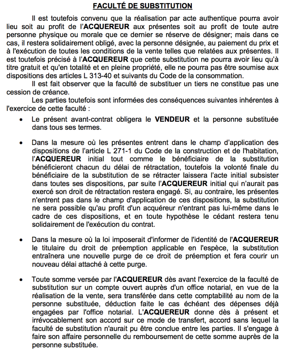 faculté de substitution acte de vente - faculté de substitution définition